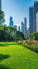 Fototapeta premium A bustling city park with lush green lawns, towering trees, and vibrant flower beds, against a backdrop of clear blue skies and distant skyscrapers