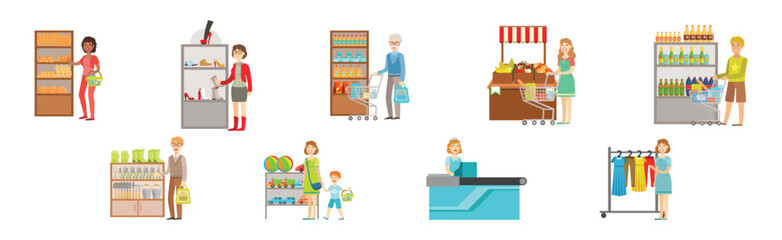 People Character Do Shopping and Purchase in Store Vector Set