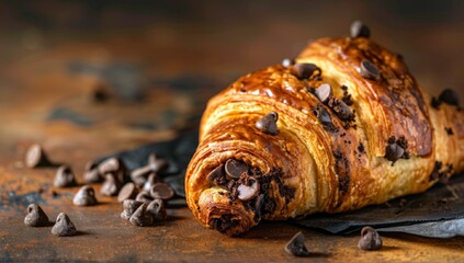 Crookie croissant with filling chocolate chip cookie dough. crookie croissant and cup latte. top view.  food commercial image, free place for text.