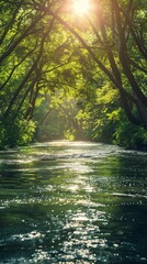 Obraz premium tranquil river winding through a lush forest, with sunlight filtering through the canopy of trees and sparkling on the water's surface