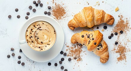 Crookie croissant with filling chocolate chip cookie dough. crookie croissant and cup latte. top view.  food commercial image, free place for text.