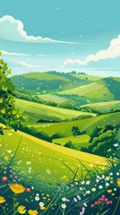 Fotobehang idyllic countryside landscape featuring rolling hills covered in lush greenery and colorful wildflowers, under a clear sunny sky © Filip