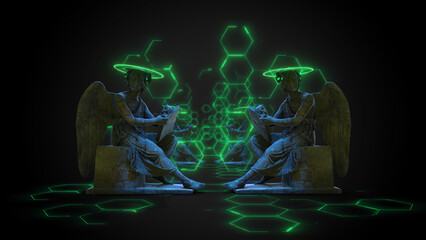Rows of stone Angle statues with digital light effects and a neon halo, wearing headphones.