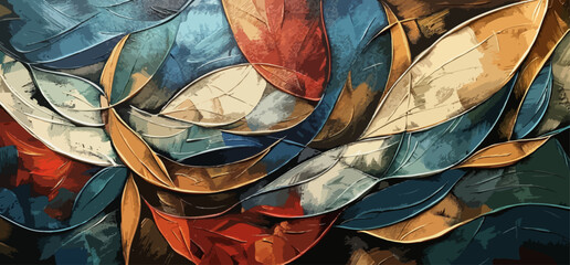 TEXTILE ABSTRACT FOLIAGE PATTERN, Brushed texture, Canvas, Oil painting, Wallpaper, Poster. Brushed colors with artistic design seems to draw leaves shapes in the rectangular image.