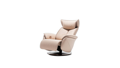 Comfortable cream leather recliner chair with adjustable headrest and footrest - obrazy, fototapety, plakaty