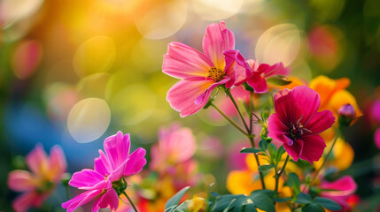 Fototapeta na wymiar A bunch of flowers with a bright, sunny background