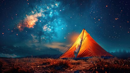 Camping under the stars, Capture a stunning image of a tent pitched under a clear night sky filled...