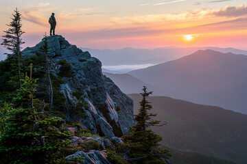 Obraz premium Dawn's first light rewards a hiker at the mountain's peak