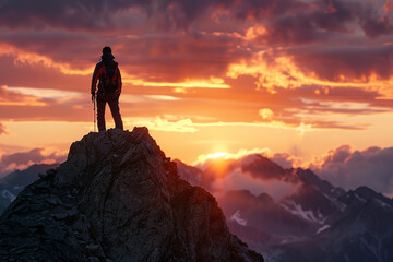  hiker watching the sunrise from the peak of a mountain