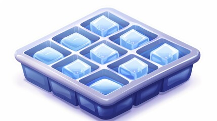 A round glass for freezing liquid drink with an ice cube tray icon isolated on a white background. An isometric form for freezing liquid drink in the refrigerator. Several ice cube packs for drawing.