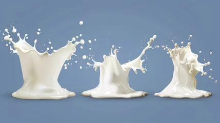 Fototapeten An illustration of milk splashes or pourings. Dairy products such as yogurt or cream in a crown splash with drops, or swirls, for packaging design. © Mark