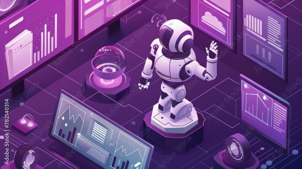 Poster a robot is analyzing data on dashboard virtual screens, a seo workflow is isolated on purple, and an