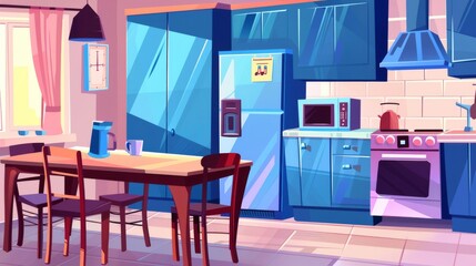 Home cooking room with wooden dining table, blue kitchen cabinets, fridge with magnet and reminder, oven, microwave, hob and extractor hood.