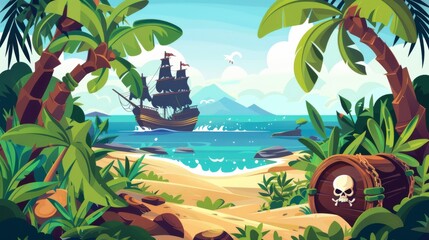 Treasure chest buried in a dug hole by a pirate on a tropical island. Modern cartoon illustration of sea landscape with wooden ship with skull on black sails, uninhabited tropical island, and