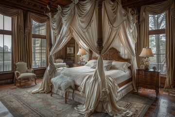 Majestic 4-poster king bed in an opulent room with silk drapes