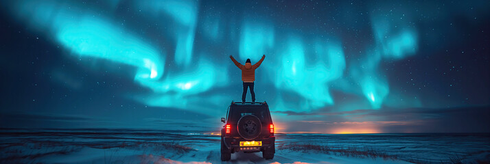 back of happy traveler stand on roof of SUV on background of night starry sky with polar northern lights aurora borealis in winter