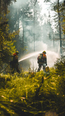 Silhouetted against a hazy forest backdrop, firefighters work tirelessly to control an intense wildfire.