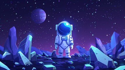 Spaceman in suit and helmet exploring outer space on an alien planet in far galaxy. Modern cartoon illustration of spaceman, cosmos and planet surface with rocks, cracks, and glowing spots.