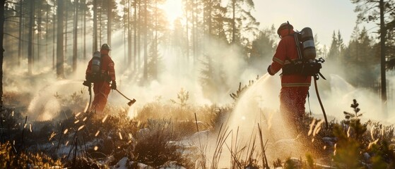 Fototapeta premium Firefighters in bright orange gear spray water to quell a forest fire, with sunlight piercing through the smoke-filled woods.