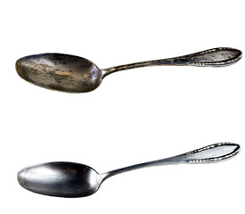 Antique retro spoon in two versions, covered with a black coating and patina, and clean and shiny....