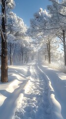 Wintry scene with snow-capped trees, a serene white wonderland