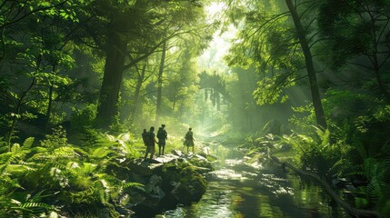 Exploring hidden trails, Capture hikers navigating through dense forests or meandering along secluded trails, surrounded by towering trees and lush vegetation