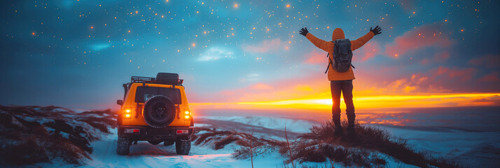 happy male traveler standing next to SUV next sea in nature on winter expedition - obrazy, fototapety, plakaty