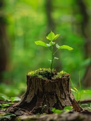 A young plant emerges from the dark, sheltered confines of an old tree stump, reaching towards the sunlight and signifying the resilience of nature.
