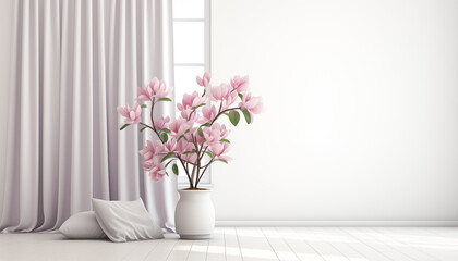 Elegant pink magnolia flowers in a vase by the white wall and sheer curtain