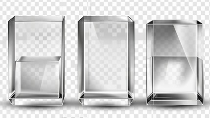 Realistic 3D modern illustration of plastic or glass cubes depicted from different angles, crystal blocks, aquariums, or exhibit podiums, glossy geometric objects isolated on transparent backgrounds.