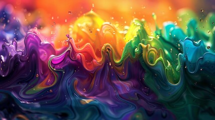 Colorful abstract wave patterns with a glossy texture, resembling vibrant psychedelic paint in motion. - obrazy, fototapety, plakaty
