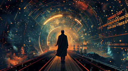 Man in a Striking Digital Data Tunnel, A Vision of Future Realities.. - obrazy, fototapety, plakaty