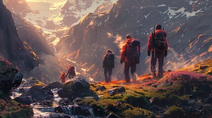 Adventure hike, Showcase adventurers hiking through rugged terrain, crossing streams, and climbing mountains