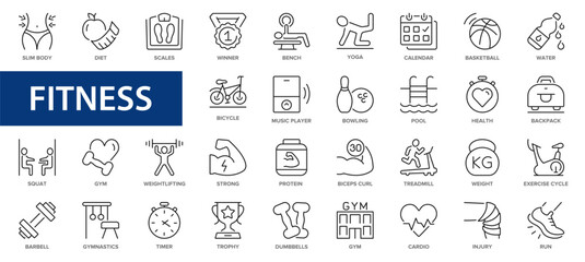 Fototapeta na wymiar Sport and fitness line icons set. Fitness exercise, football, gym, diet, jogging, weight and more thin line icon.