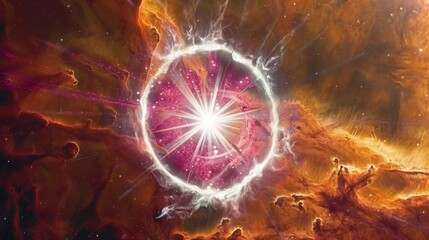Explosive cosmic scene with a supernova explosion, radiating energy and particles in space.