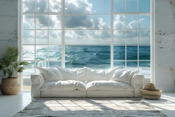 Serenity by the Sea: Minimalist Chic Living Room. Concept Minimalist Decor, Coastal Vibes, Serene Living Space - obrazy, fototapety, plakaty