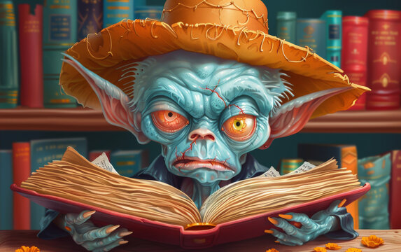 A blue gremlin wearing a straw hat is reading a large book in a library.