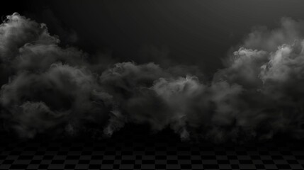 Detailed modern illustration of black smoke clouds and dark mist coming from fire, explosions, burning coal or carbon. Black fume texture isolated on transparent background. - obrazy, fototapety, plakaty