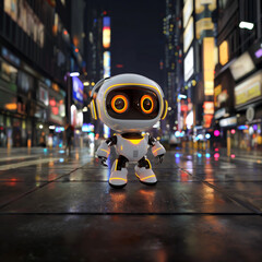 Cute robot character for education on cityscape background. Generative AI