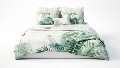 White bedding with a tropical leaf pattern