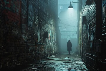 A shadowy figure standing at the end of a foggy, dimly lit alley, old posters peeling off the brick walls, an air of suspense and danger. - obrazy, fototapety, plakaty