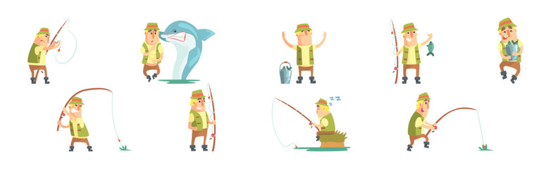 Funny Fisherman Character Fishing with Rod Vector Illustration Set