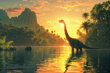 A brachiosaurus  is standing in a tropical lake surrounded by palm trees, with a mountain in the background. The sun is setting, and there are small islands in the lake. - 782143114