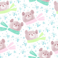 Seamless pattern with funny cartoon Teddy bears. Drawing watercolor and pencil.