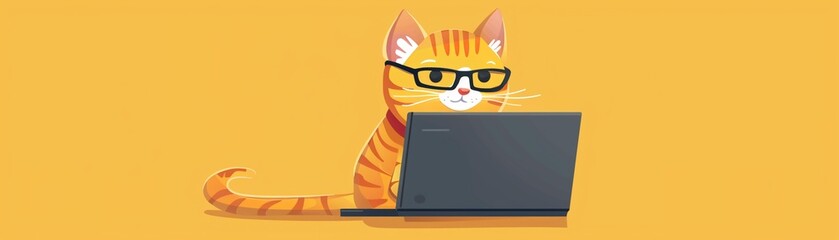 Illustration of cat typing on a laptop, wearing glasses and looking seriously overworked.