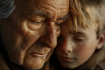 Grandson and grandfather hug - obrazy, fototapety, plakaty