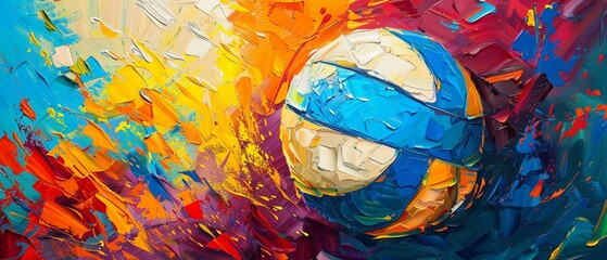 Palette knife oil artwork of a volleyball beach ball, body in bright colors, against a dynamic background with colorful highlights and theatrical lighting