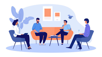 A group of individuals sitting together in a living room, engaged in conversation and relaxation