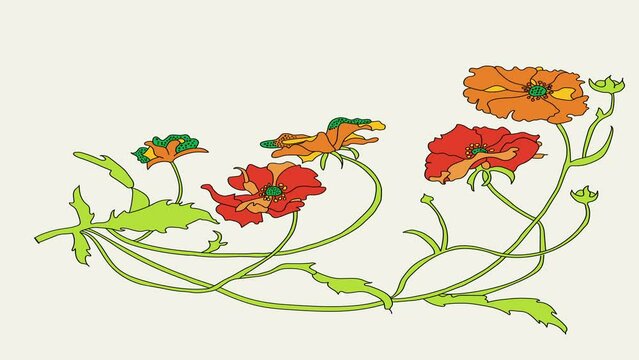 Animation of branch with several flowers with a few transitions.