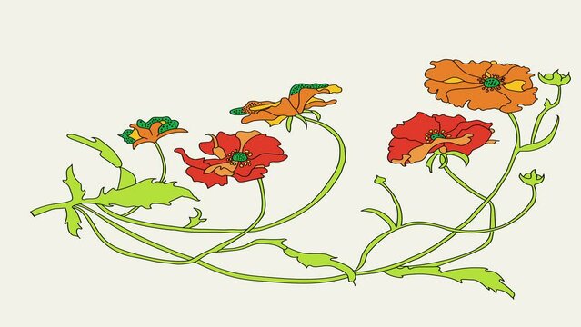 Animation of branch with several flowers with a few transitions.